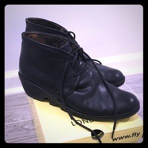 Fly London black leather platform booties